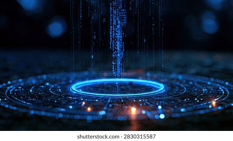 A mesmerizing digital stream of binary code ascends from a vibrant blue circular portal on a dark, intricate surface.