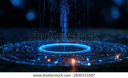 A mesmerizing digital stream of binary code ascends from a vibrant blue circular portal on a dark, intricate surface.