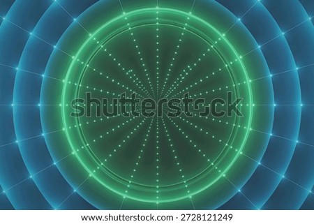 A mesmerizing image of an abstract symmetrical light pattern featuring concentric circles and radiating lines. The design is illuminated with vibrant green and blue hues, creating a futuristic and otherworldly atmosphere.