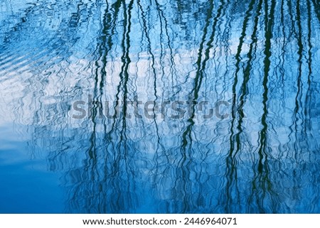 mesmerizing scene lake or pond with wavy reflections tree branches in rippling water, blue sky creates sense tranquility and peace, while ripples add touch movement and dynamism, tranquil