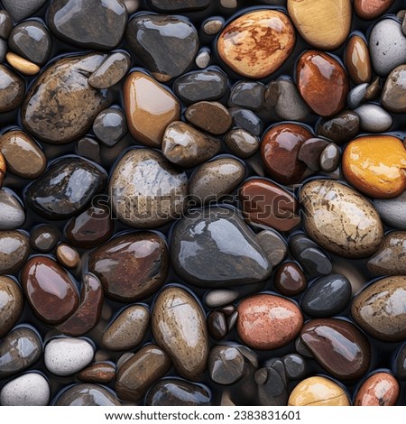 A mesmerizing seamless pattern of wet rocks gracefully arranged along the riverbed. Each stone glistens in the gentle water, creating an intricate mosaic of earthy colors and textures.