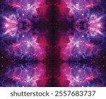 A mesmerizing and symmetrical image of a deep-space nebula, featuring vibrant hues of purple, pink, and blue. The intricate details of gaseous clouds, sparkling stars, and celestial patterns create a 