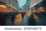 A mesmerizing urban street scene showcasing dynamic motion blur that encapsulates the lively energy and atmosphere of city life during twilight hours.