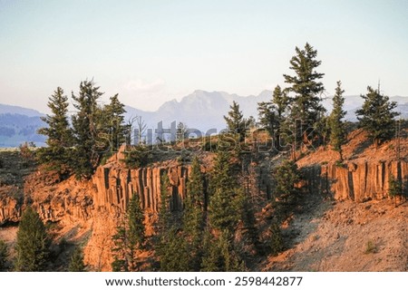 Mesmerizing view of basalt columns look like rock fence posts in Yellowstone National Park, USA at sunset