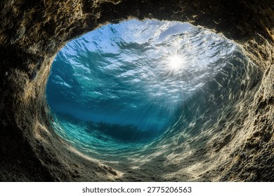 A mesmerizing view from within an underwater cave, showcasing the sun's rays piercing through the crystal-clear water, creating a stunning natural spectacle.