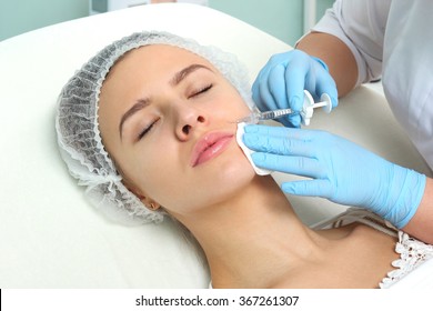 Mesotherapy. Beautiful Woman Gets An Injection In Her Face.