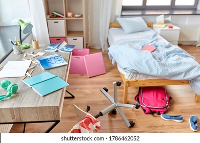 Mess, Disorder And Interior Concept - View Of Messy Home Kid's Room With Scattered Stuff