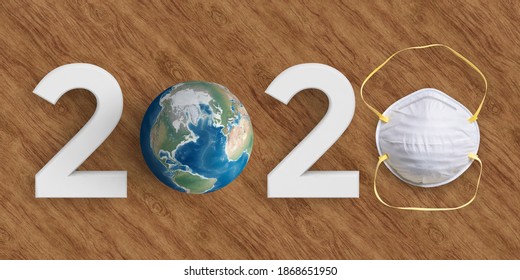 Message 2020 With A Globe And A Face Mask On Wooden Background