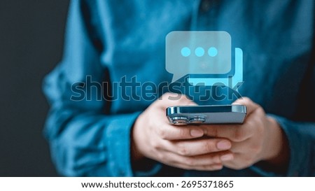 message, chat, messaging, texting, online, A person using smartphone to send and receive online messages, showing digital chat bubbles representing communication, connection, and social interaction.