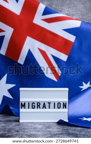 Message MIGRATION on background of Australian flag made from silk. Australia national flag with concept of tourism and traveling. welcoming