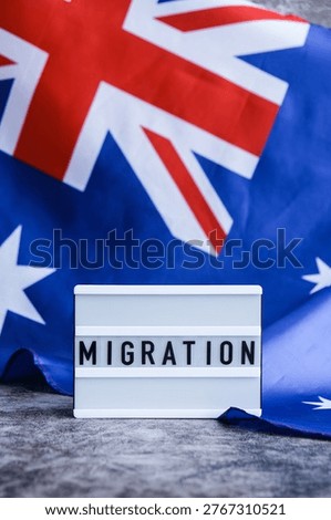 Message MIGRATION on background of Australian flag made from silk. Australia national flag with concept of tourism and traveling. welcoming