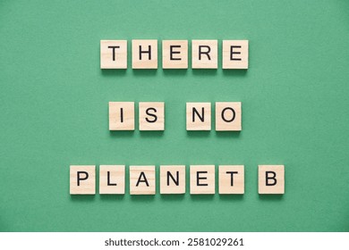 Message representing the concept of environmental awareness and concern for the future of the Earth, wooden pieces with letters form, on a green background, the text There is no planet B.