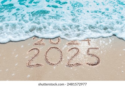 Message Year 2024 replaced by 2025 text written on beach sand background. Good bye 2024 hello to 2025 happy New Year coming concept.  top view. - Powered by Shutterstock