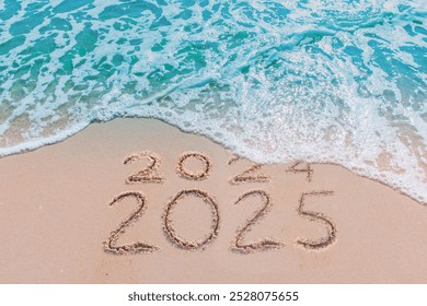 Message Year 2024 replaced by 2025 text written on beach sand background. Good bye 2024 - 2025 happy New Year coming concept.  top view. - Powered by Shutterstock