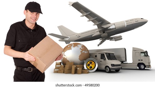 A messenger holding a package with a world map, packages, a chronometer,  a van, a truck and an airplane as background - Powered by Shutterstock