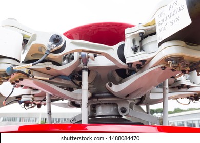 Messina, Italy - May 29 2019: Regional EMS Helicopter In  Service At Papardo Hospital. Detail Of Main Rotor Hub.