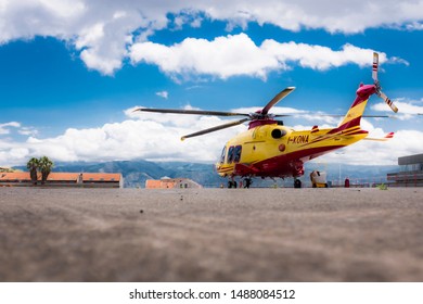 Messina, Italy - May 29 2019: Regional EMS Helicopter In  Service At Papardo Hospital