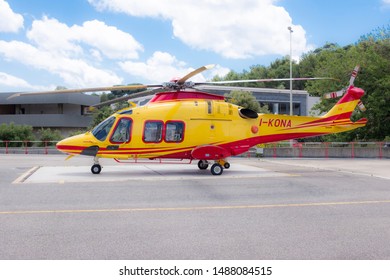 Messina, Italy - May 29 2019: Regional EMS Helicopter In  Service At Papardo Hospital