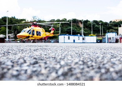 Messina, Italy - May 29 2019: Intentionally Blurred Photograph Of Regional EMS Helicopter In  Service At Papardo Hospital