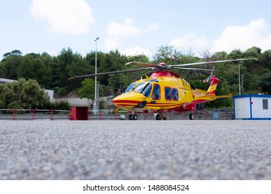 Messina, Italy - May 29 2019: Regional EMS Helicopter In  Service At Papardo Hospital