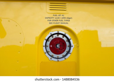 Messina, Italy - May 29 2019: Regional EMS Helicopter In  Service At Papardo Hospital. Detail Of Fuel Tank Cap.