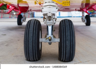 Messina, Italy - May 29 2019: Regional EMS Helicopter In  Service At Papardo Hospital. Detail Of Nose Wheel.
