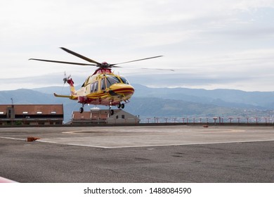 Messina, Italy - May 29 2019: Regional EMS Helicopter In  Service At Papardo Hospital