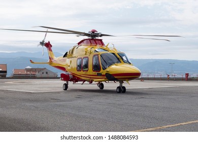 Messina, Italy - May 29 2019: Regional EMS Helicopter In  Service At Papardo Hospital