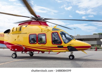 Messina, Italy - May 29 2019: Regional EMS Helicopter In  Service At Papardo Hospital