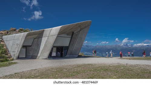 Messner Mountain Museum, Plan De Corones Mountain-August 14, 2016: Modern Structure, Created By Reinhold Messner, Designed By Zaha Hadid,and Dedicated To Mountaineering & Climbing, South Tyrol, Italy 