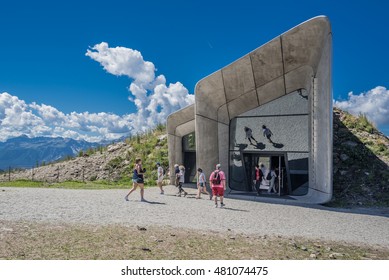 Messner Mountain Museum, Plan De Corones Mountain-August 14, 2016: Modern Structure, Created By Reinhold Messner, Designed By Zaha Hadid,and Dedicated To Mountaineering & Climbing, South Tyrol, Italy 