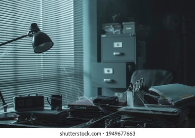 Messy Abandoned Office After Company Shut Down: The Desk Is Cluttered And Dusty, Financial Crisis Concept