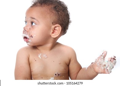 Messy Baby Boy Eating Cake On His 1st Birthday