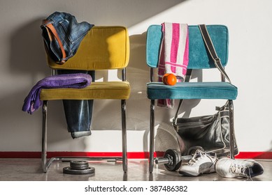 Messy And Chaotic Room Of A Teenager Being Active. Gym, Sports And Campus Concept.