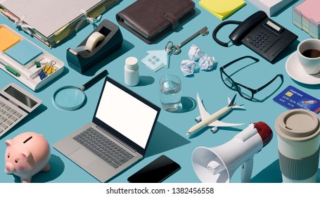 Messy Cluttered Business Desktop With Assorted Isometric Objects: Disorganized Workstation Concept