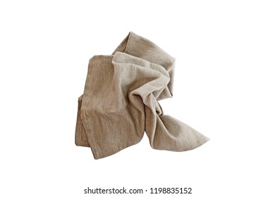 Messy Crumpled Linen Napkin Isolated Over A White Background With Clipping Path Included. Image Shot From Overhead.