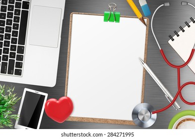 Messy Doctor Office Desk With Blank Clipboard