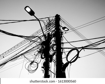 Messy Electric Wire Cable On Street Lamp Post, Black And White Style