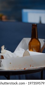 Messy Empty Living Room Of Depressed Person With Scattered Food Mess, Disorder Table. Unorganized House Apartment Of Alone Woman With Sever Depresion Having Trash, Rubbish With No People In