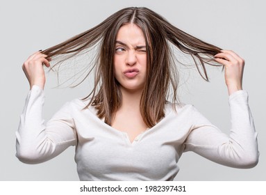 Messy Hair. Brunette Woman With Messed Hairs. Girl Having A Bad Hair. Bad Hairs Day. Frustrated Woman Having A Bad Hair. Woman Having A Bad Hairs, Her Hair Is Messy And Tangled.