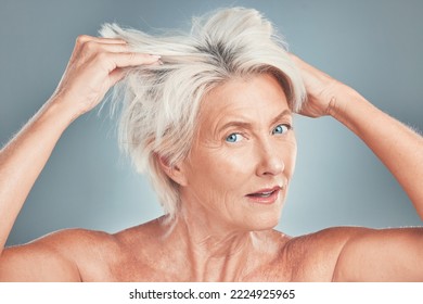 Messy Hair, Woman And Senior Model Looking For Hair Care, Wellness And Salon Hairstyle Cut. Portrait Of An Elderly Person From Amsterdam With Bed Head Look Ready For Skin Wellness And Dye Treatment