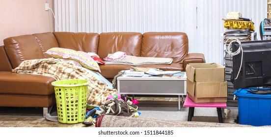 Messy Home In Living Room With Cloth, Book, Toy, Box And Sofa.