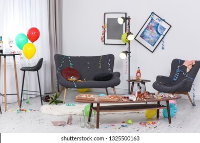 Messy Living Room Interior. After Party Chaos