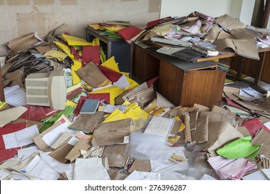 Messy Office Full Of Folders And Papers After The Company Went Bankrupt