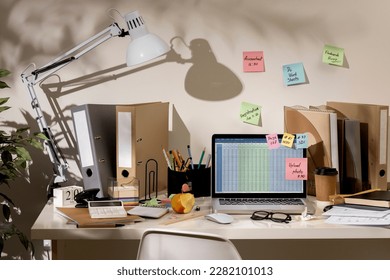 messy office workspace. Messy and cluttered office desk. Messy business office with piles of files and disorganized clutter. - Shutterstock ID 2282101013