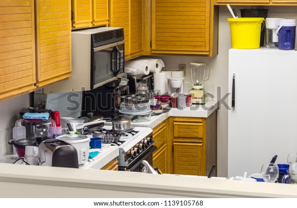 Messy Old Kitchen Oak Cabinets Tile Stock Photo Edit Now 1139105768