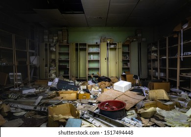 Messy Room In Abandoned Building With Lot Of Junk