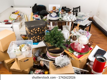 Messy room full of clutter and junk - Compulsive hoarding. Hoarding disorder.