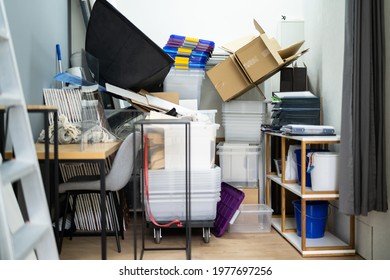 Messy Storage Closet Full Of Junk. Hoarder Stuff