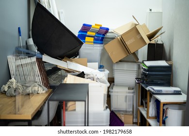 Messy Storage Closet Full Of Junk. Hoarder Stuff